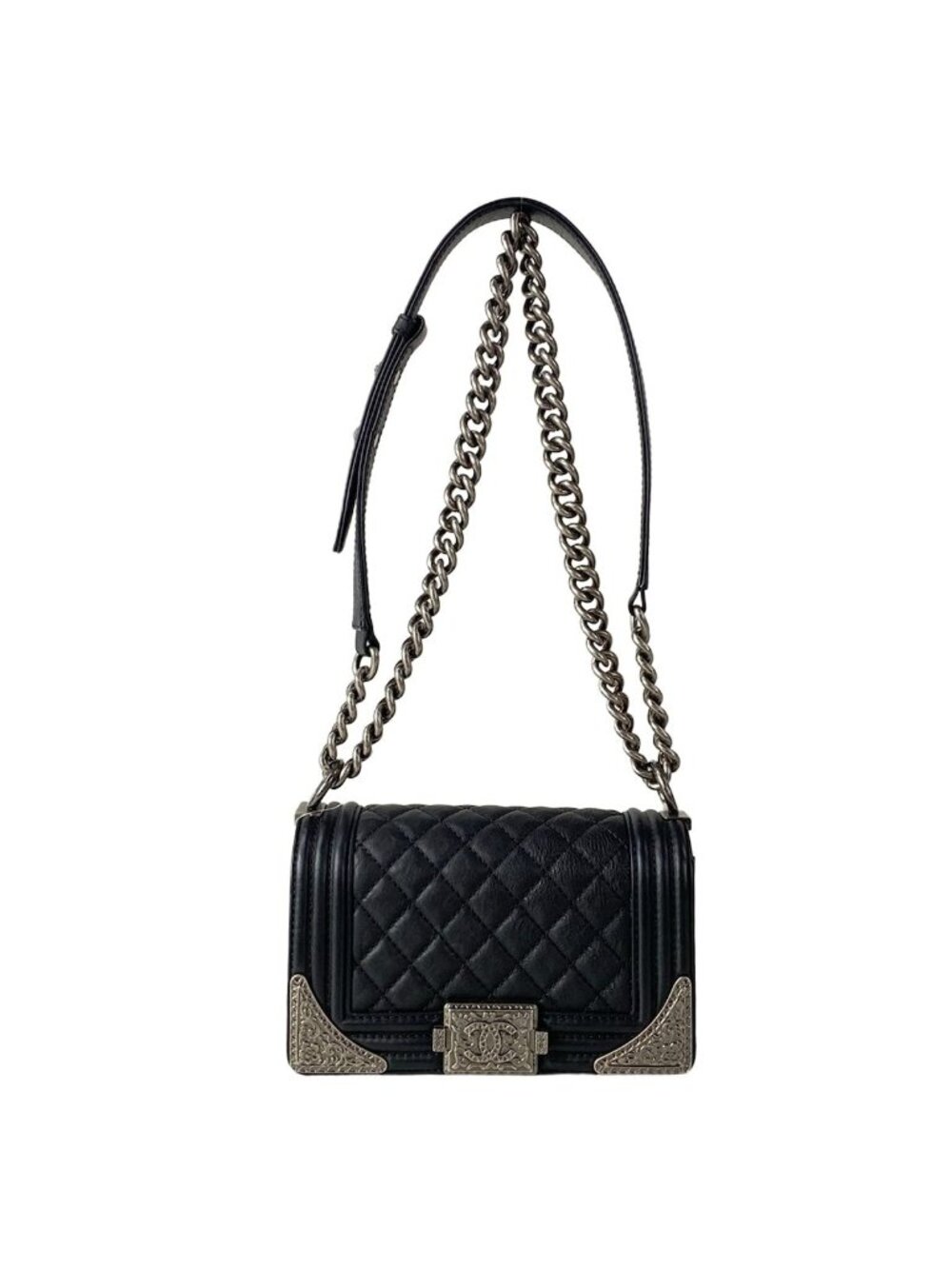 Chanel Shoulder Bag Boy Black Chain Vintage Silver Leather